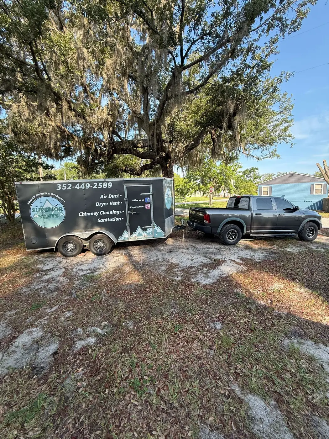 The Superior Vents truck and lettered trailer — air duct, dryer vent, chimney cleaning and sanitation