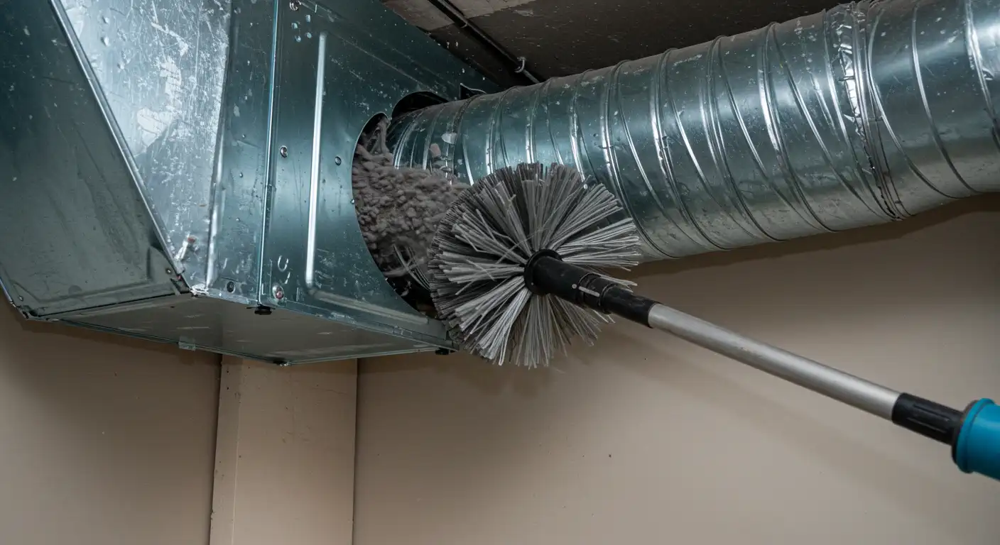 A duct cleaning in progress within an industrial or basement setting. A technician is using a specialized rotary brush system to clean the interior of galvanized ductwork.