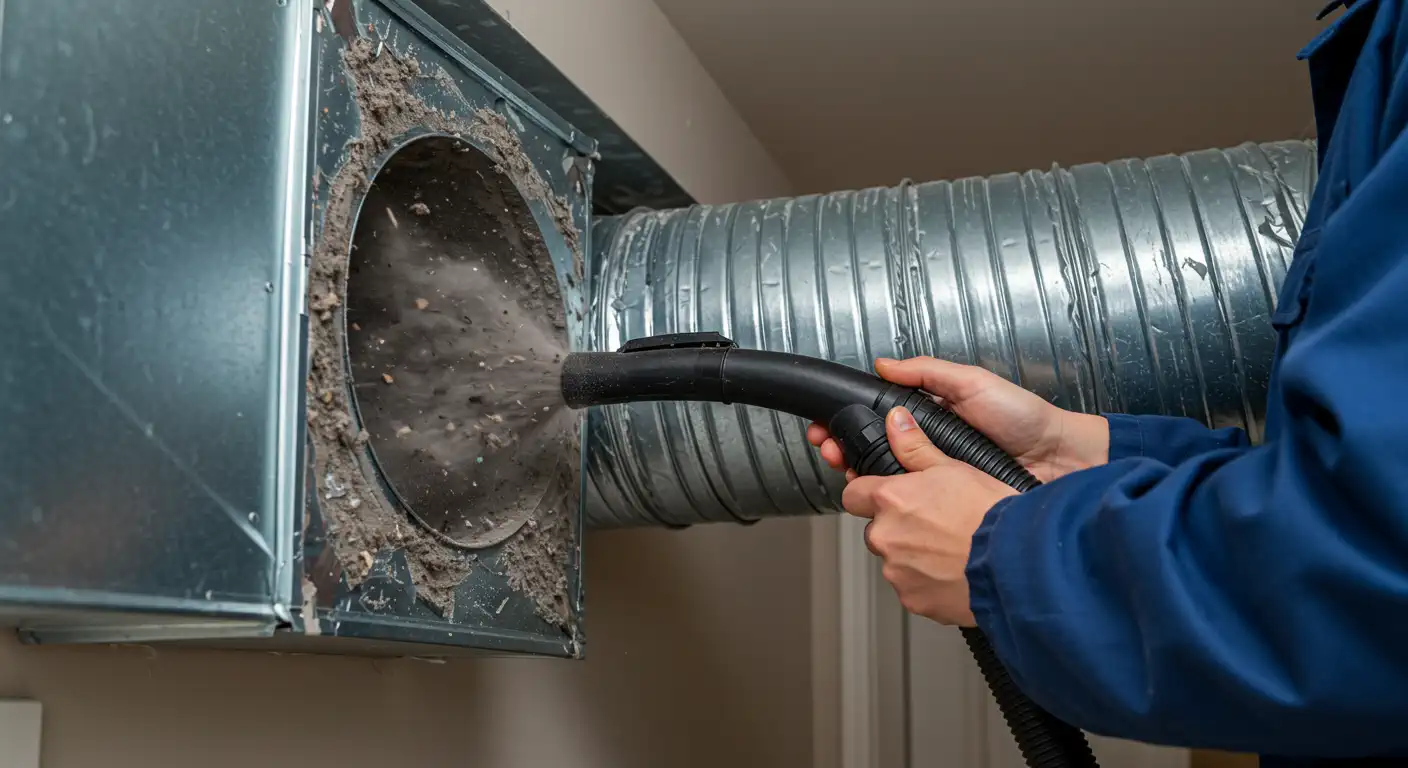 An Air Duct Cleaning In Progress. A Technician, Wearing A Dark Blue Uniform Or Jacket, Is Holding A Black Vacuum Hose Attachment And Feeding It Into An Opening On A Piece Of Galvanized Sheet Metal Ductwork. This Ductwork Is Visibly Coated With A Thick Layer Of Dust And Debris Around The Circular Opening. As The Vacuum Operates, A Cloud Of Dust And Dirt Is Being Extracted And Sucked Away, Clearly Illustrating The Process Of Deep Cleaning. To The Right, The Main Run Of The Round, Spiral-Seam Metal Duct Is Visible.
