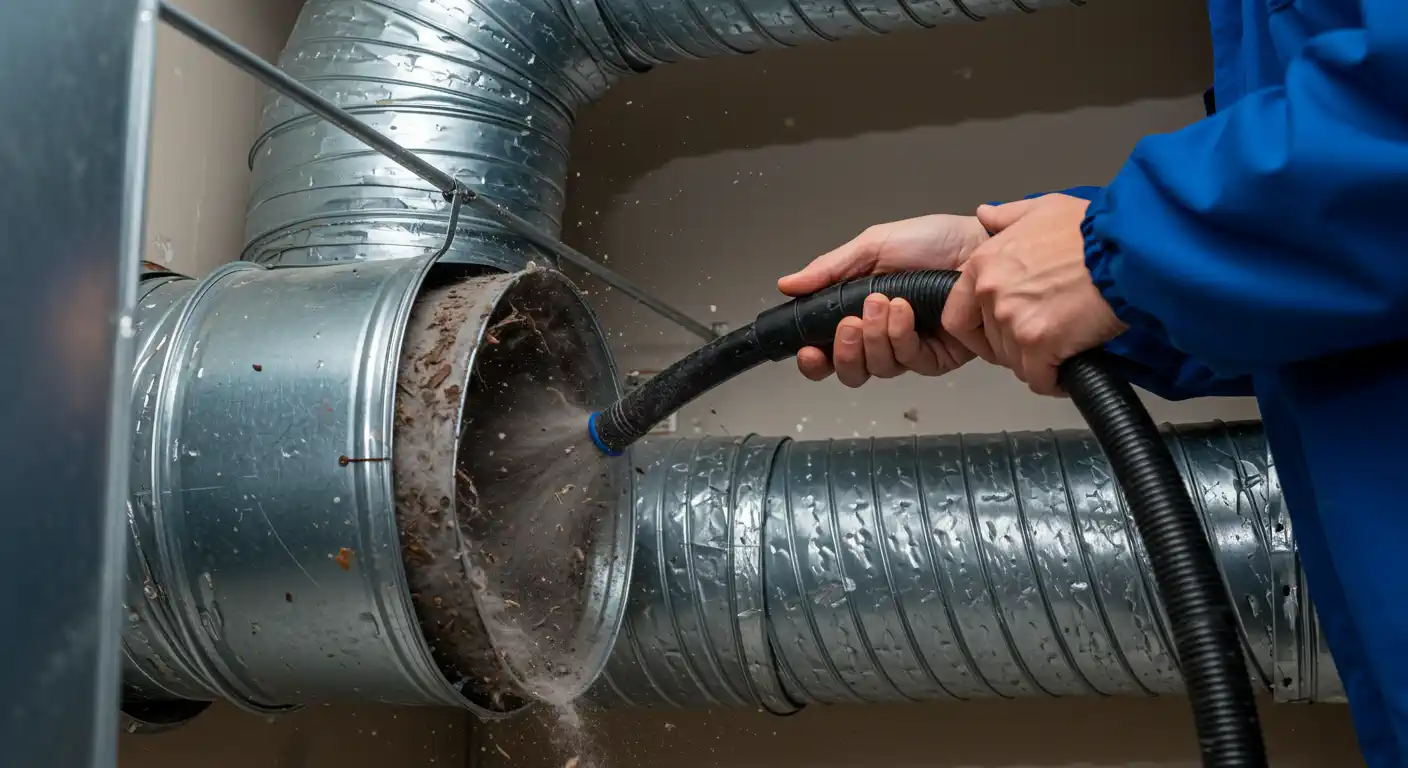 A person in a blue jacket is cleaning a heavily soiled metal air duct using a black vacuum hose. The end of the duct shows a buildup of wet-looking grime and debris being sprayed or sucked out, creating a cloud of mist and dust. A flexible metal duct runs parallel to the one being cleaned.
