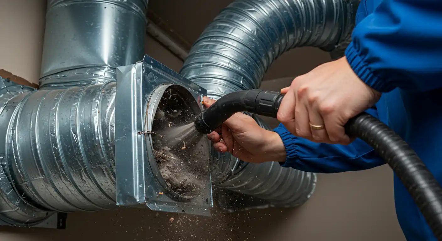An air duct cleaning in progress on a section of galvanized metal HVAC ductwork. A technician, whose arm is covered by a blue uniform sleeve and whose hands wear a wedding band, is holding a black vacuum hose attachment. The attachment is inserted into a square metal access opening on a main duct run, which is heavily filled with clumps of dust and debris. The vacuum is actively pulling out the debris, causing dust and mist to spray outwards from the opening. The ductwork consists of both a rectangular section and round, spiral-seam sections connecting at a bend.