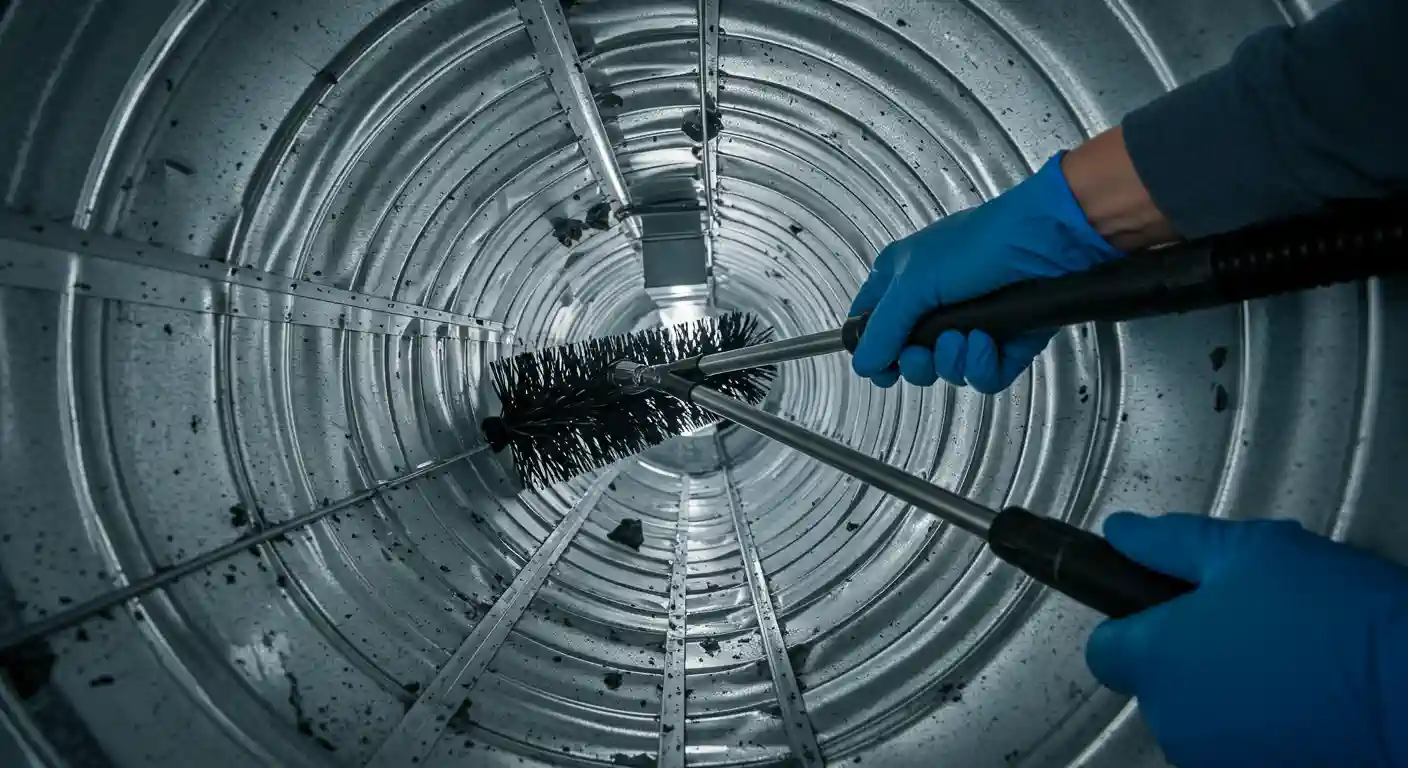  A wide-angle, inside-the-duct perspective shows two hands in blue protective gloves using a long-handled brush to clean the interior of a large, circular metal air duct. The brush has stiff black bristles and is dislodging dust and debris from the corrugated, shiny metal walls. A second tool, possibly a vacuum, is also visible.