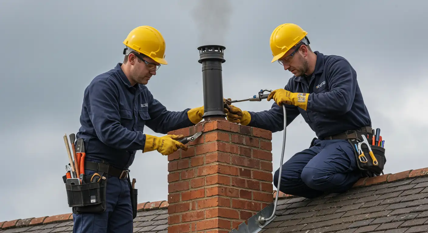 Two chimney repair technicians in matching blue uniforms and yellow hard hats work on a black chimney flue on a brick chimney