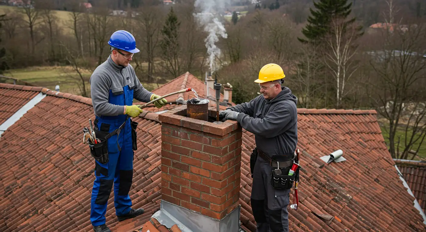 Two chimney sweeps in hard hats and work gear are on a tiled roof, one holding a rod with a brush, working on a brick chimney