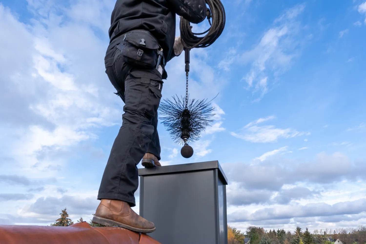 A chimney sweep stands on a roof, lowering a round cleaning brush with a chain and weighted ball into a metal chimney under a cloudy blue sky.