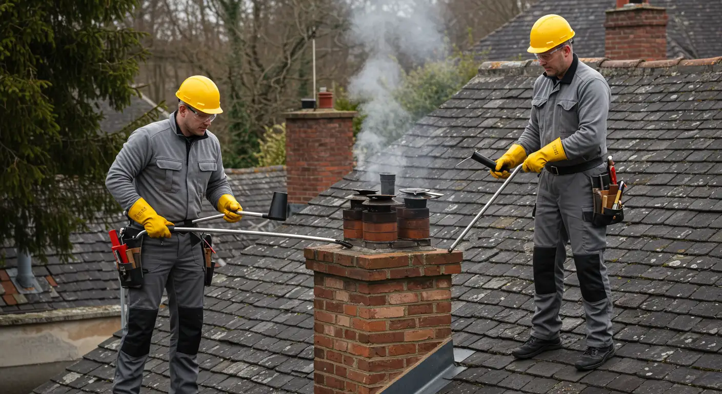 Two chimney sweeps in gray uniforms and yellow hard hats use cleaning rods to work on a brick chimney on a dark shingled roof, with smoke rising