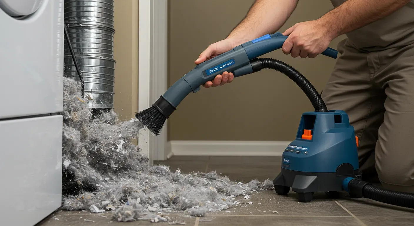 A person kneels on the floor next to a washing machine, using a specialized brush attachment connected to a vacuum hose to remove a large pile of lint from a dryer vent duct.