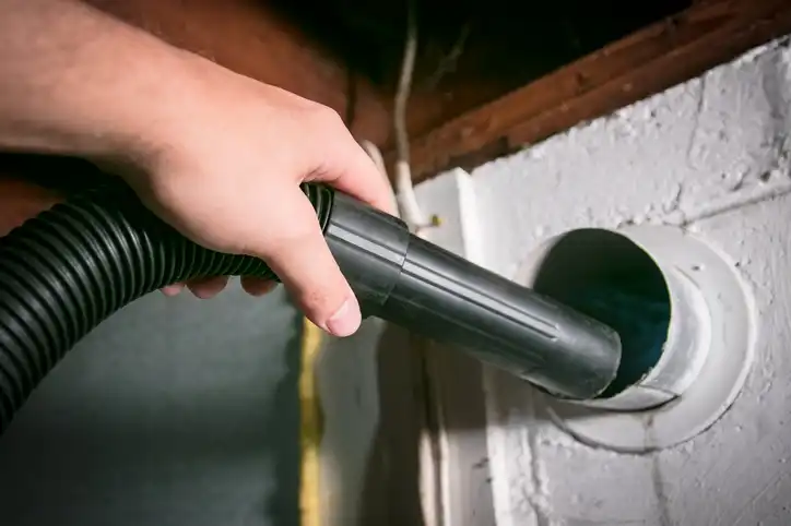 A hand holds the nozzle of a vacuum hose, inserting it into a dusty, circular dryer vent opening in a gray wall.