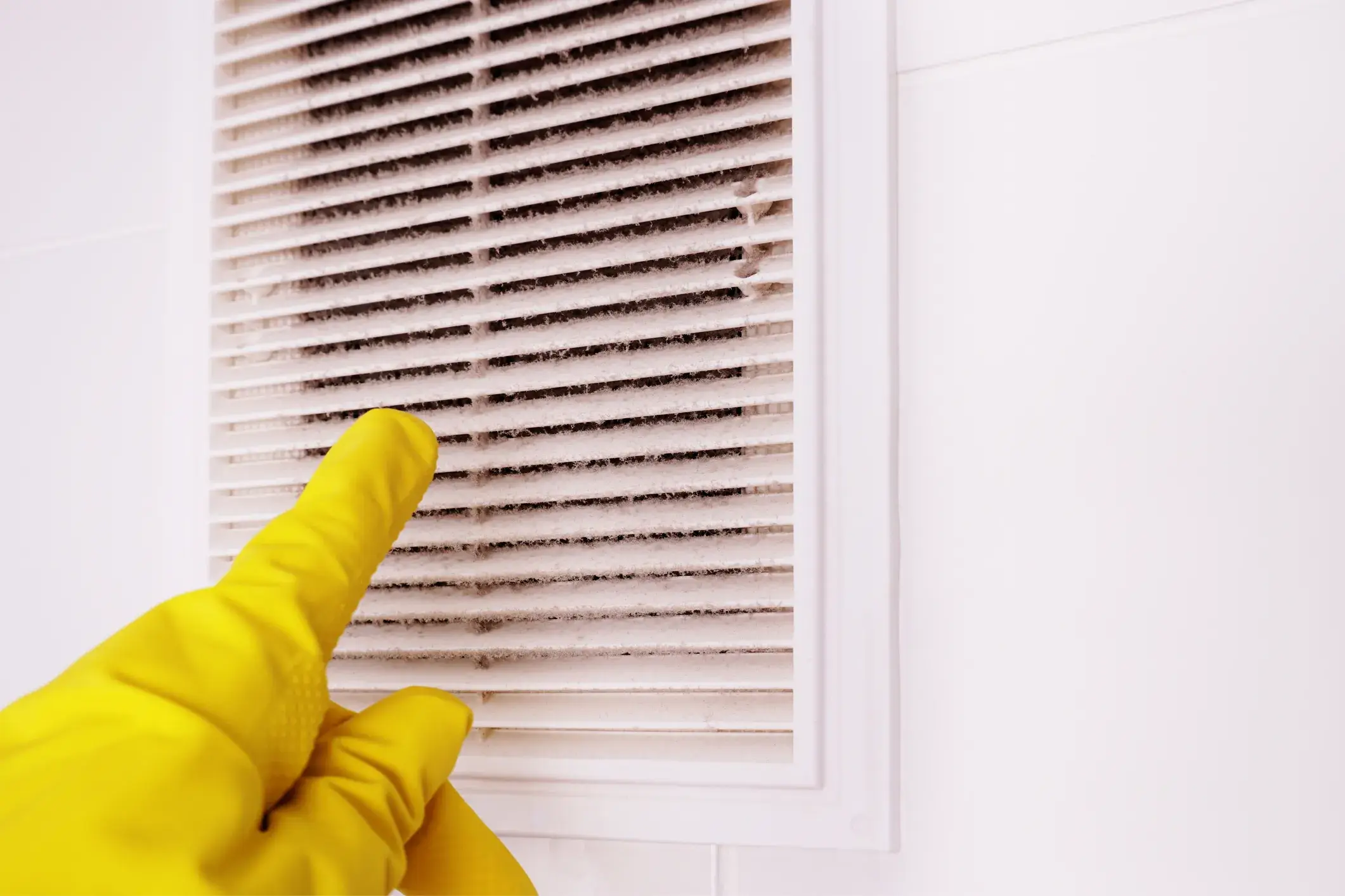 A hand in a bright yellow glove points to a buildup of dirt and dust on a dirty white bathroom exhaust fan vent.