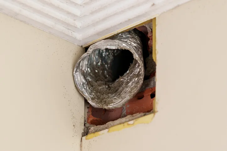 A torn, flexible aluminum air duct is exposed in a hole in a wall, showing a buildup of dust inside.