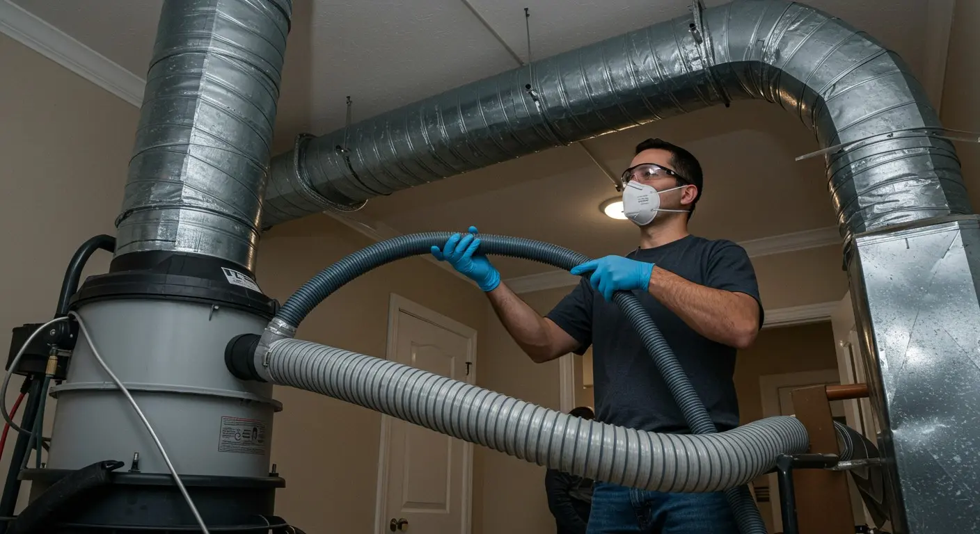 A worker wearing a mask and gloves holds a flexible hose connected to a large vacuum unit while cleaning metal HVAC ducts.