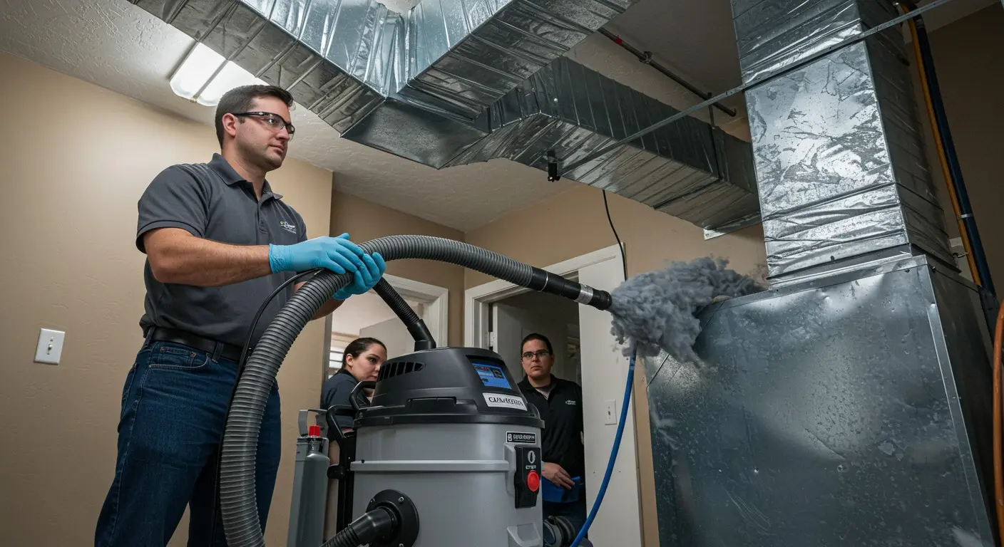 A technician uses a rotating brush attachment on a vacuum hose to clean a large metal HVAC duct while two other workers stand nearby.