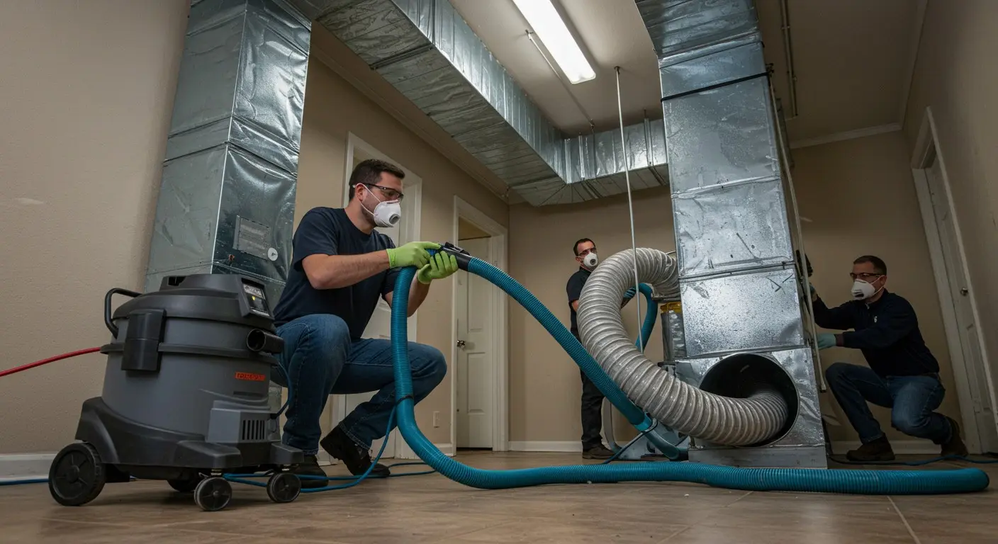 Three masked workers clean large metal HVAC ducts with a powerful vacuum cleaner and hose in a commercial or industrial building.