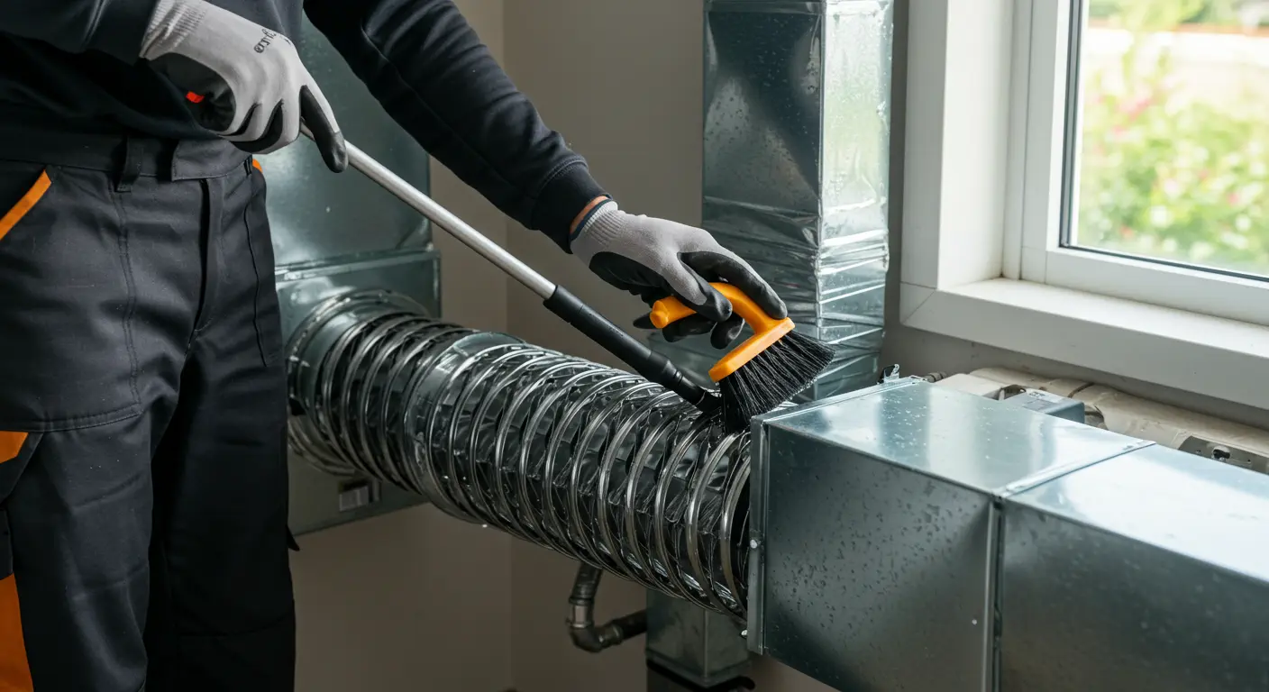 A professional technician wearing a dark uniform with orange accents and gray and white gloves is using a small, stiff brush with an orange handle to clean the exterior of a flexible metal air duct with visible coils. The duct is attached to a rectangular galvanized metal duct that runs along a wall near a window.